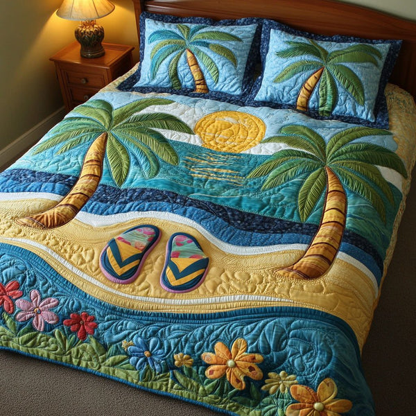 Tropical Dream quilted 3-piece bedding set on a made bed in a light coastal bedroom