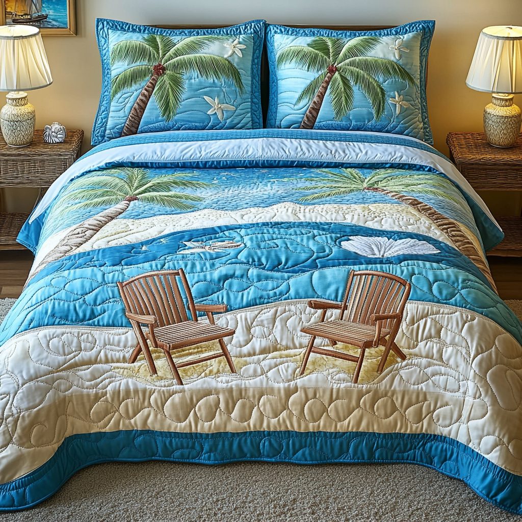 Tropical Dreams quilted 3-piece bedding set on a made bed in a light coastal bedroom