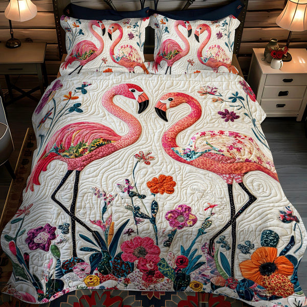 Tropical Escape Flamingo quilted 3-piece bedding set on a made bed in a light coastal bedroom