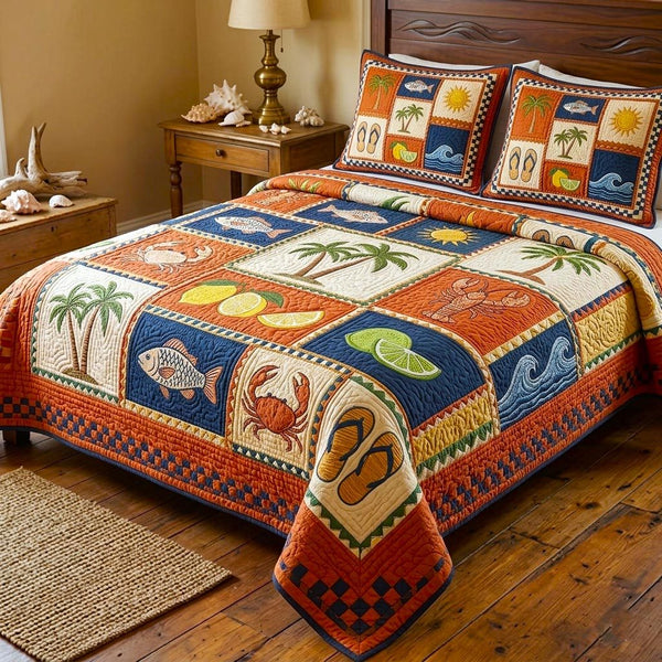 Tropical Escape quilted 3-piece bedding set on a made bed in a light coastal bedroom