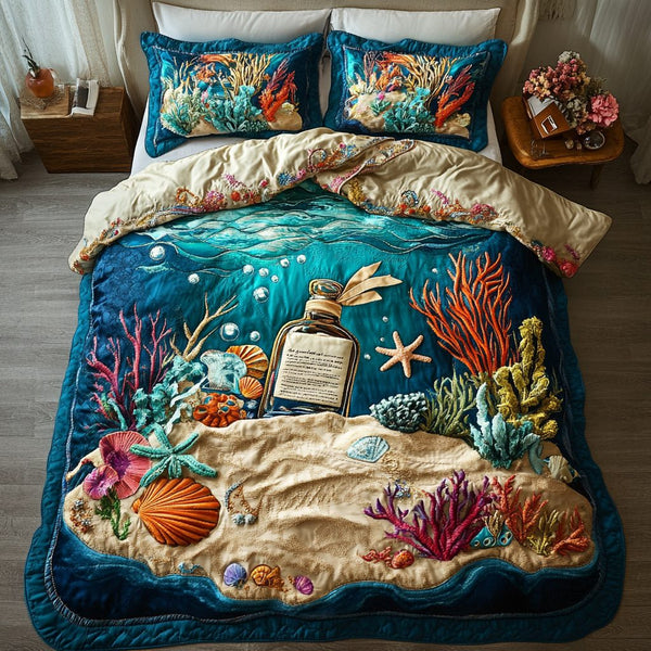 Tropical Escape quilted 3-piece bedding set on a made bed in a light coastal bedroom