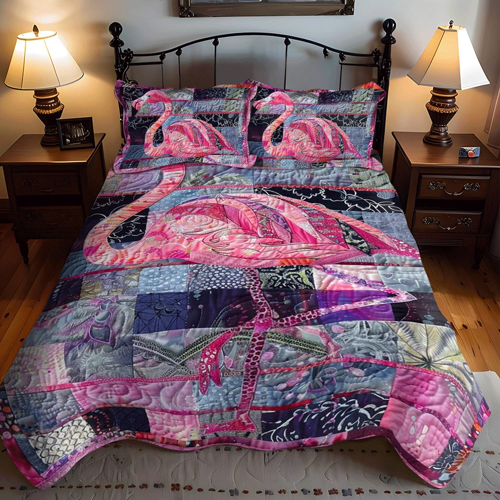 Tropical Escape quilted 3-piece bedding set on a made bed in a light coastal bedroom
