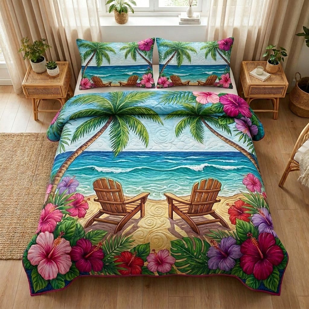 Tropical Escape quilted 3-piece bedding set on a made bed in a light coastal bedroom