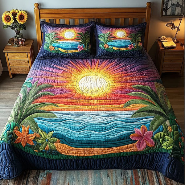 Tropical Escape quilted 3-piece bedding set on a made bed in a light coastal bedroom