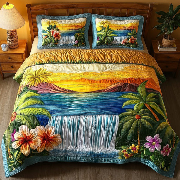Tropical Falls quilted 3-piece bedding set on a made bed in a light coastal bedroom