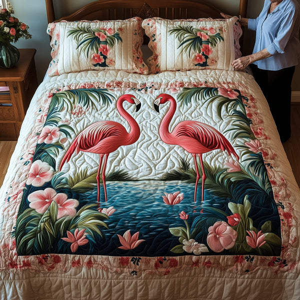 Tropical Flamingo Haven quilted 3-piece bedding set on a made bed in a light coastal bedroom