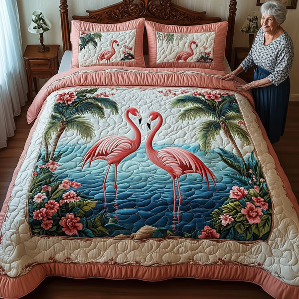 Tropical Flamingo Haven quilted 3-piece bedding set on a made bed in a light coastal bedroom