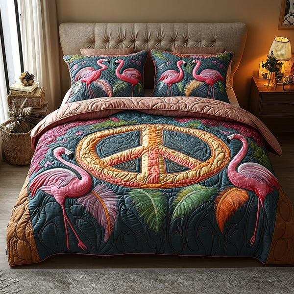 Tropical Flamingo Love quilted 3-piece bedding set on a made bed in a light coastal bedroom