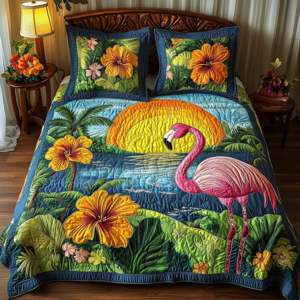 Tropical Flamingo quilted 3-piece bedding set on a made bed in a light coastal bedroom