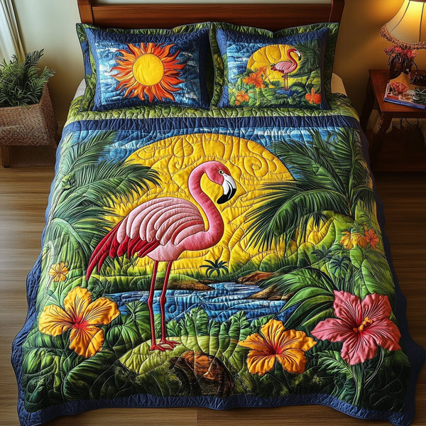 Tropical Flamingo quilted 3-piece bedding set on a made bed in a light coastal bedroom