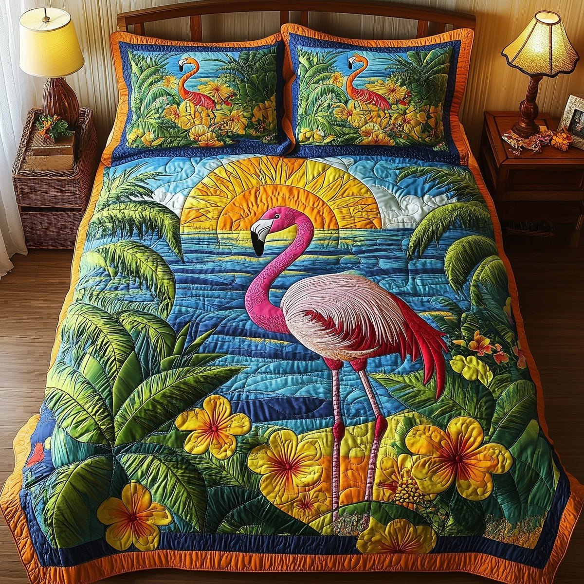 Tropical Flamingo quilted 3-piece bedding set on a made bed in a light coastal bedroom