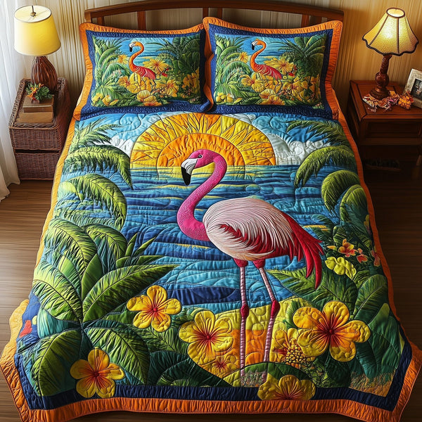 Tropical Flamingo quilted 3-piece bedding set on a made bed in a light coastal bedroom