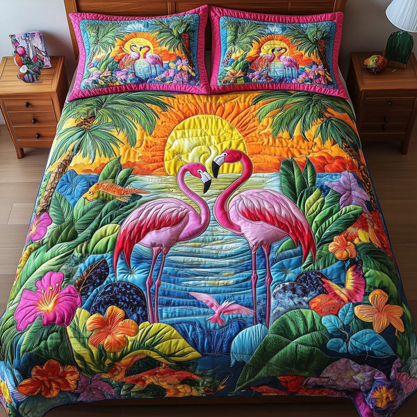 Tropical Flamingo quilted 3-piece bedding set on a made bed in a light coastal bedroom