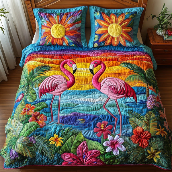 Tropical Flamingo quilted 3-piece bedding set on a made bed in a light coastal bedroom