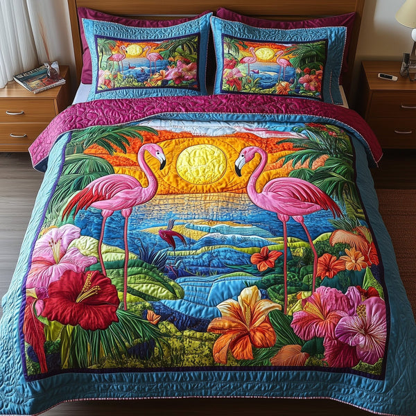 Tropical Flamingo quilted 3-piece bedding set on a made bed in a light coastal bedroom