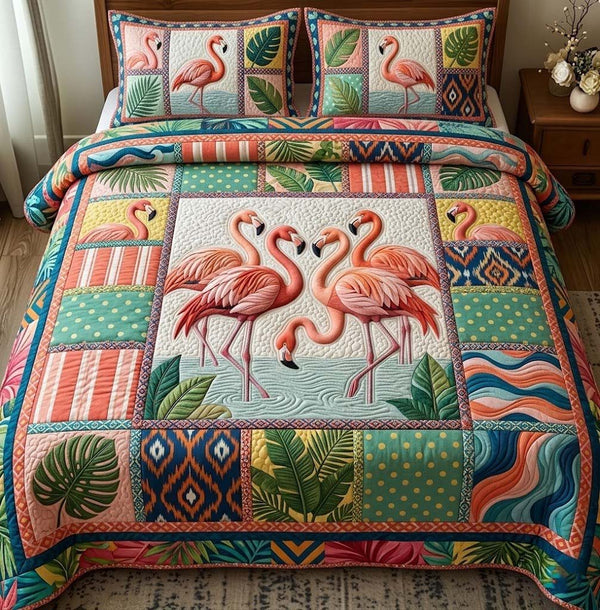 Tropical Flamingo quilted 3-piece bedding set on a made bed in a light coastal bedroom