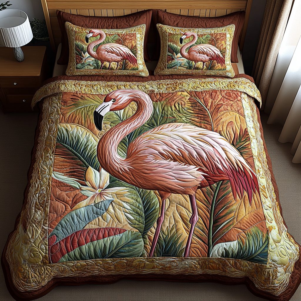 Tropical Flamingo quilted 3-piece bedding set on a made bed in a light coastal bedroom