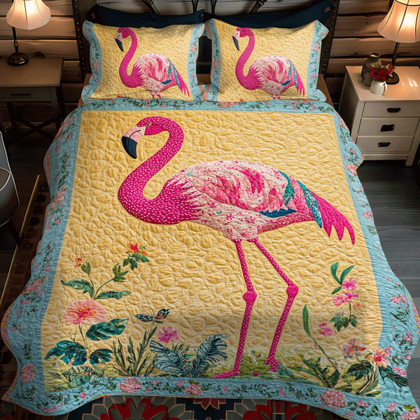 Tropical Flamingo quilted 3-piece bedding set on a made bed in a light coastal bedroom