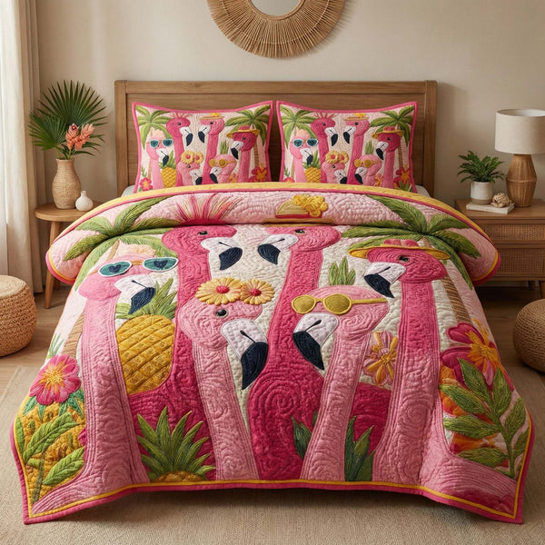 Tropical Flamingos quilted 3-piece bedding set on a made bed in a light coastal bedroom