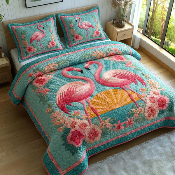 Tropical Flamingos quilted 3-piece bedding set on a made bed in a light coastal bedroom