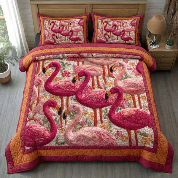 Tropical Flamingos quilted 3-piece bedding set on a made bed in a light coastal bedroom