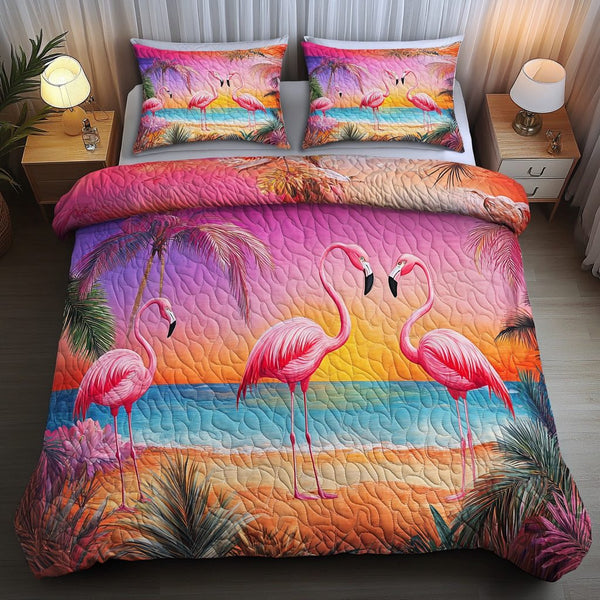 Tropical Flight quilted 3-piece bedding set on a made bed in a light coastal bedroom