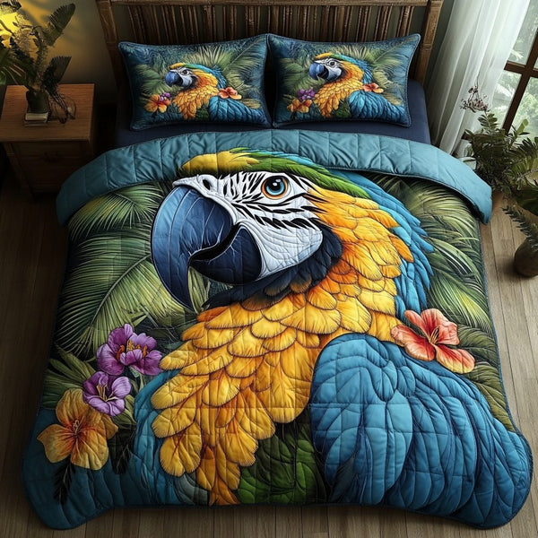 Tropical Flight quilted 3-piece bedding set on a made bed in a light coastal bedroom