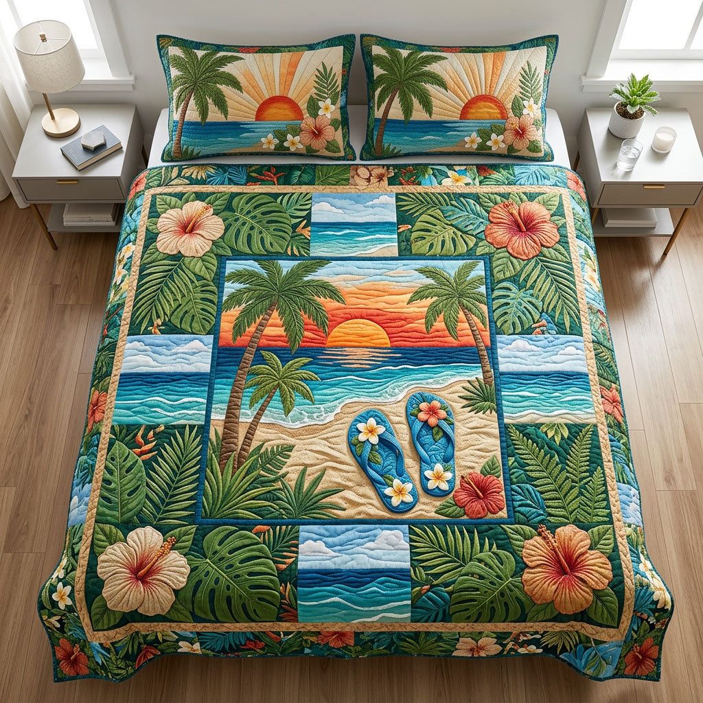 Tropical Flip Flops quilted 3-piece bedding set on a made bed in a light coastal bedroom