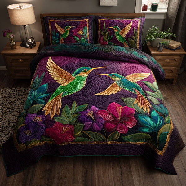 Tropical Flutter quilted 3-piece bedding set on a made bed in a light coastal bedroom