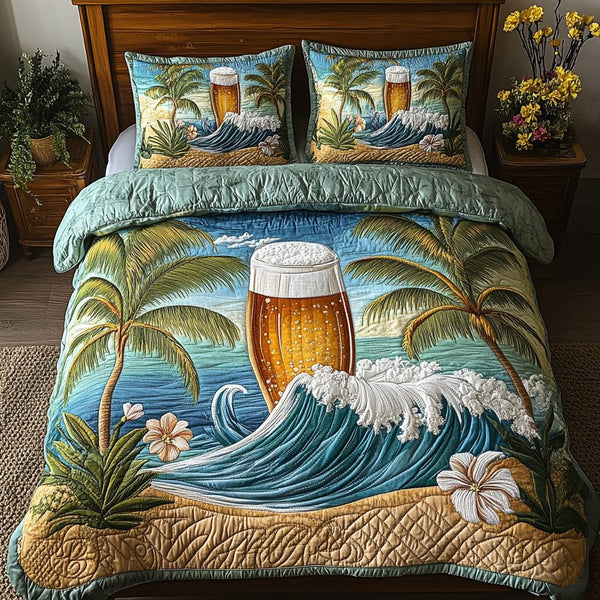 Tropical Foam quilted 3-piece bedding set on a made bed in a light coastal bedroom