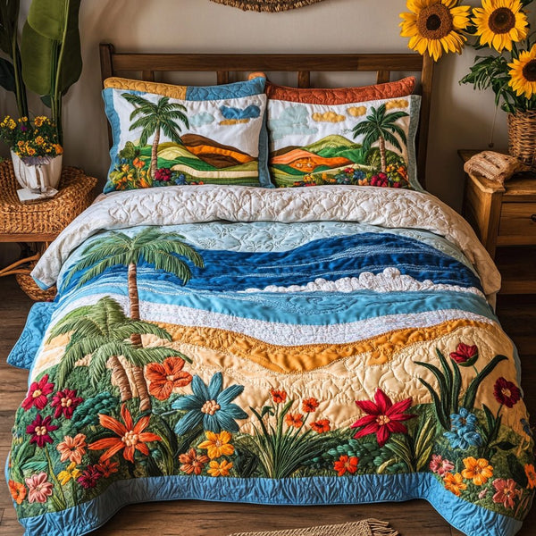 Tropical Glow quilted 3-piece bedding set on a made bed in a light coastal bedroom