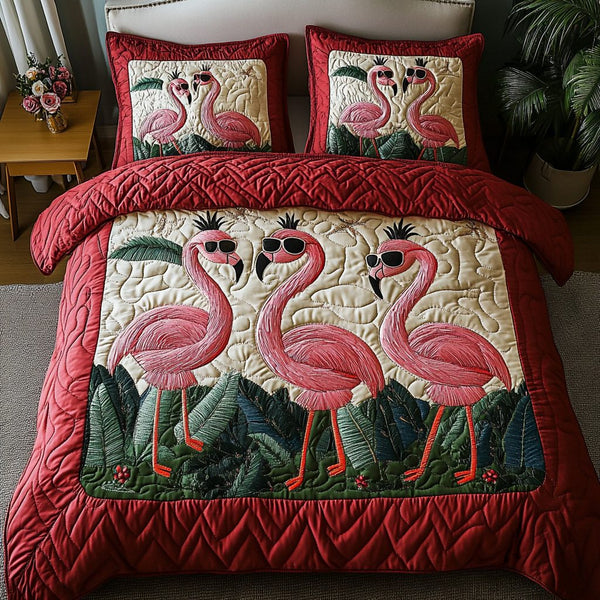 Tropical Grace quilted 3-piece bedding set on a made bed in a light coastal bedroom