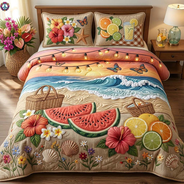 Tropical Harvest quilted 3-piece bedding set on a made bed in a light coastal bedroom