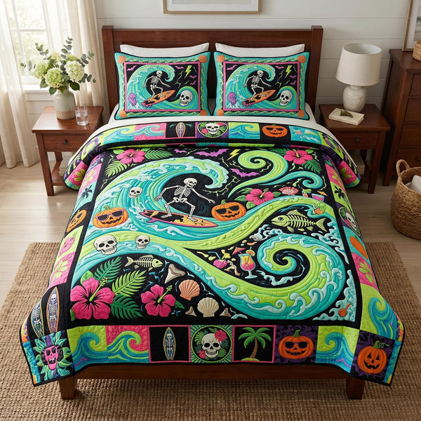 Tropical Haunt quilted 3-piece bedding set on a made bed in a light coastal bedroom