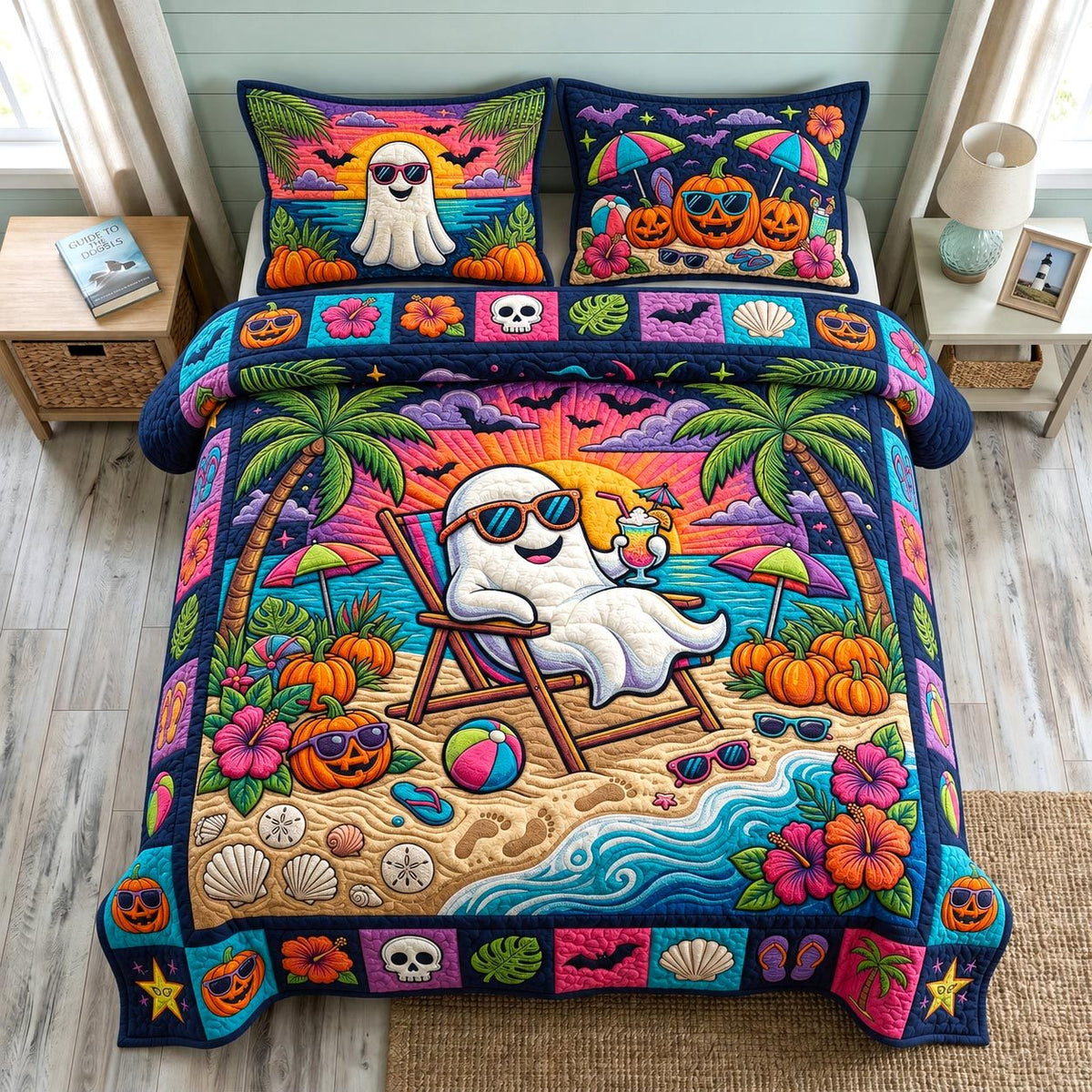 Tropical Haunt quilted 3-piece bedding set on a made bed in a light coastal bedroom