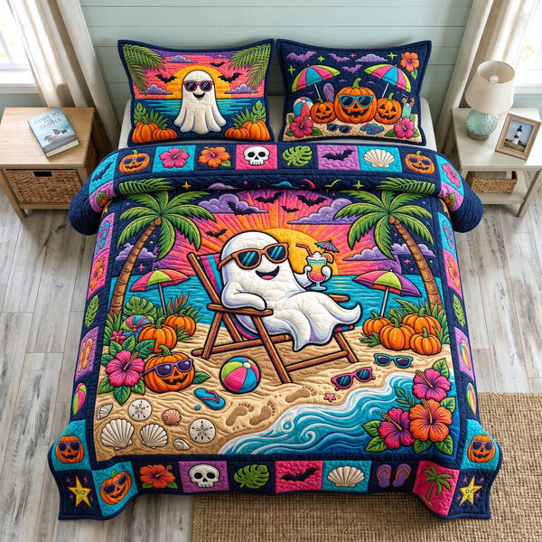 Tropical Haunt quilted 3-piece bedding set on a made bed in a light coastal bedroom
