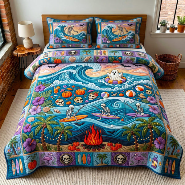 Tropical Haunt quilted 3-piece bedding set on a made bed in a light coastal bedroom