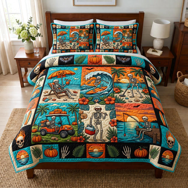 Tropical Haunt quilted 3-piece bedding set on a made bed in a light coastal bedroom