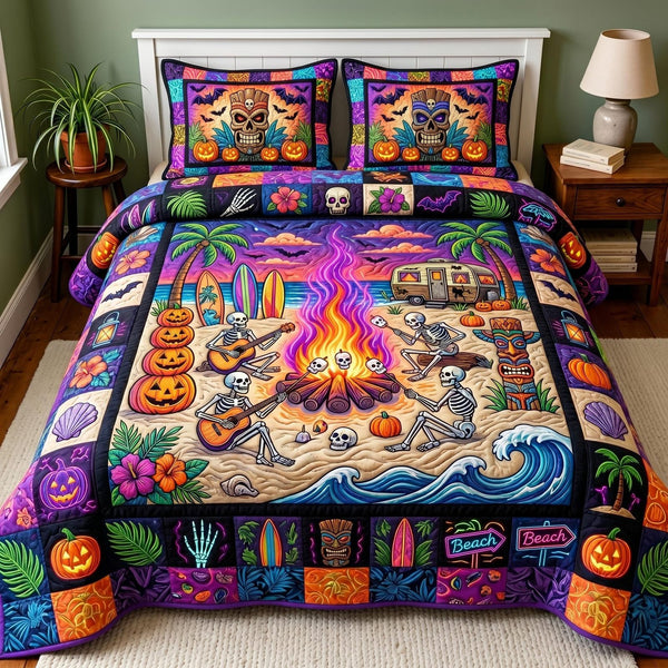 Tropical Haunt quilted 3-piece bedding set on a made bed in a light coastal bedroom