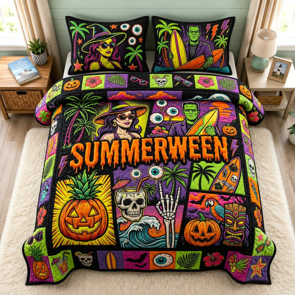 Tropical Haunt quilted 3-piece bedding set on a made bed in a light coastal bedroom