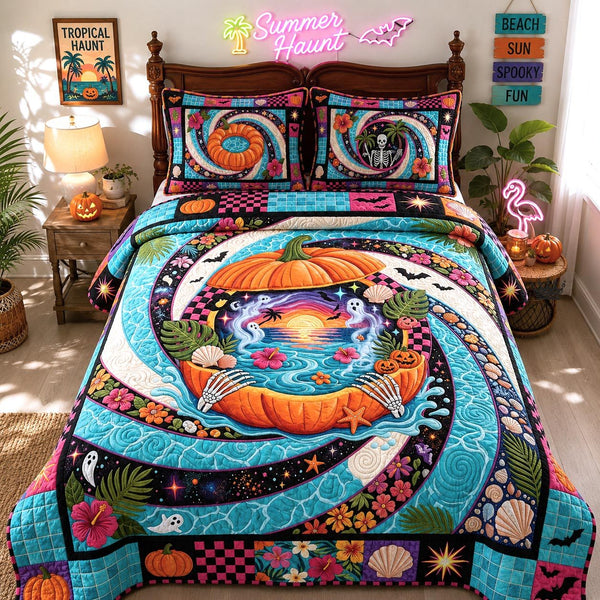 Tropical Haunt quilted 3-piece bedding set on a made bed in a light coastal bedroom