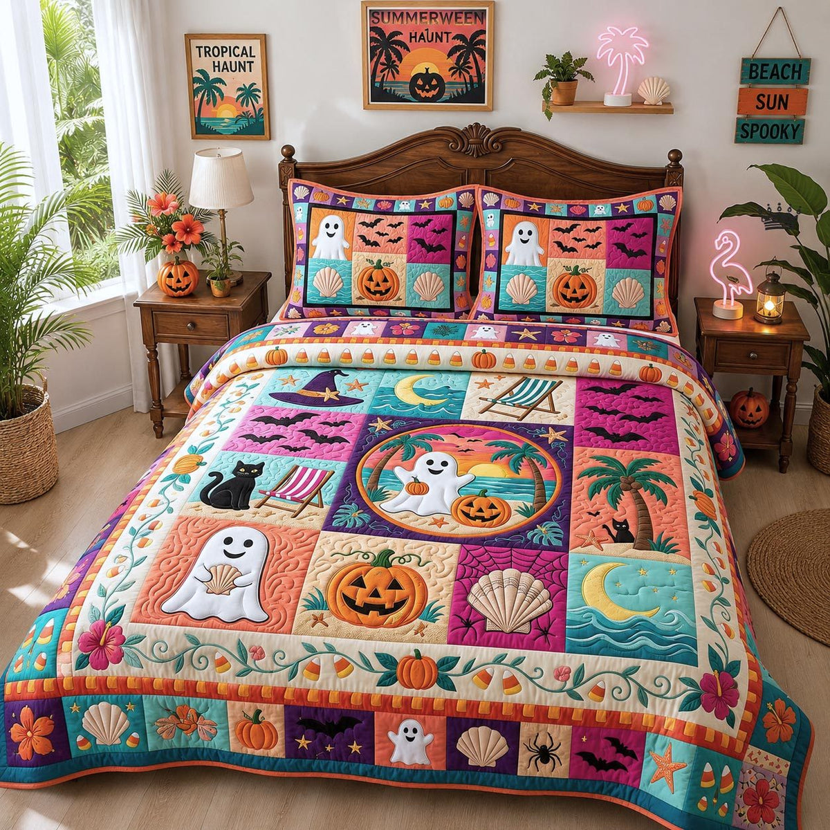Tropical Haunt quilted 3-piece bedding set on a made bed in a light coastal bedroom