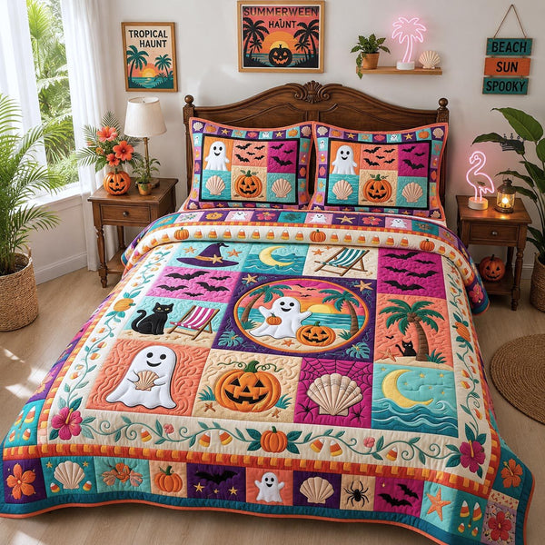 Tropical Haunt quilted 3-piece bedding set on a made bed in a light coastal bedroom