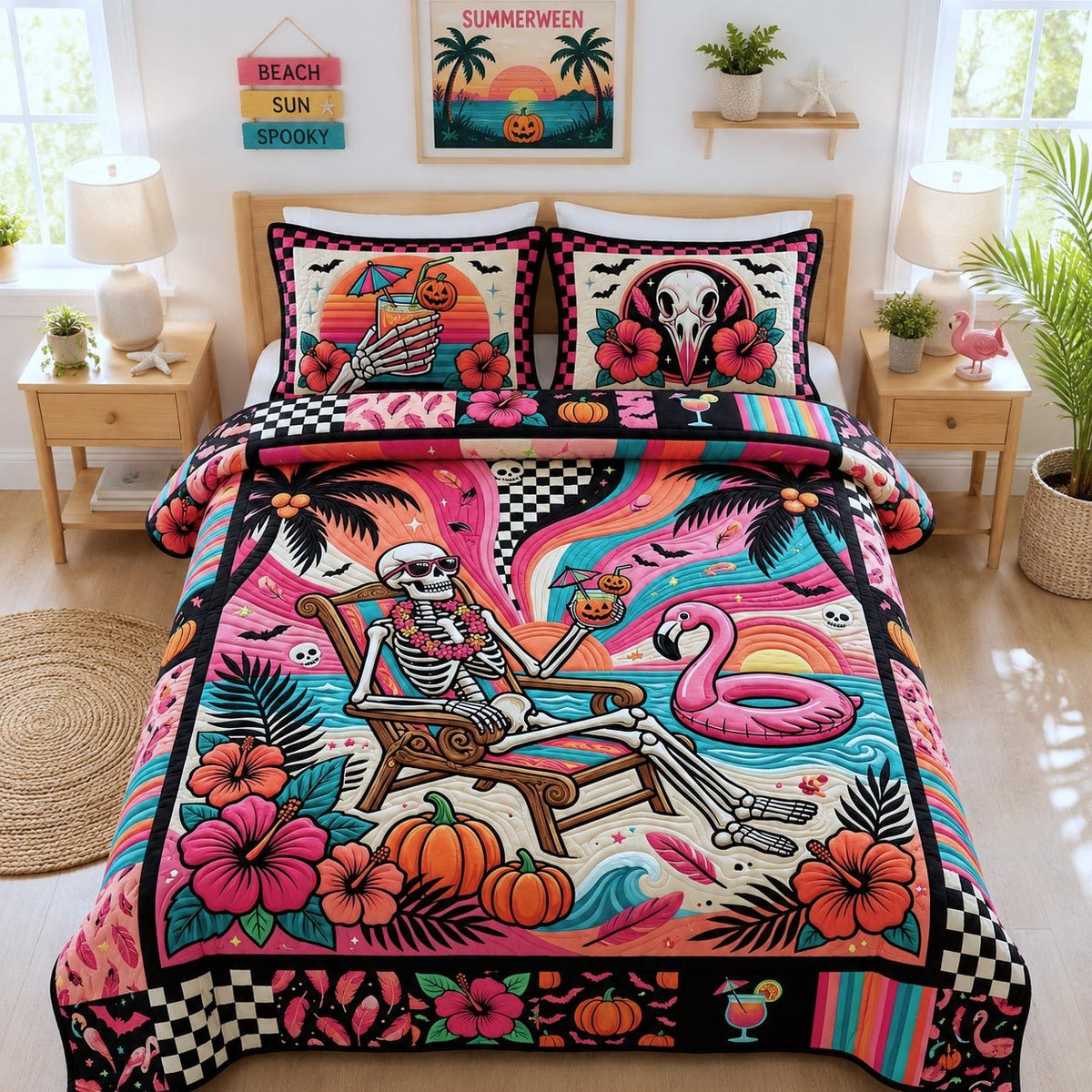 Tropical Haunt quilted 3-piece bedding set on a made bed in a light coastal bedroom