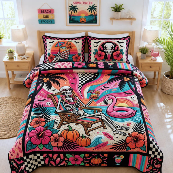 Tropical Haunt quilted 3-piece bedding set on a made bed in a light coastal bedroom