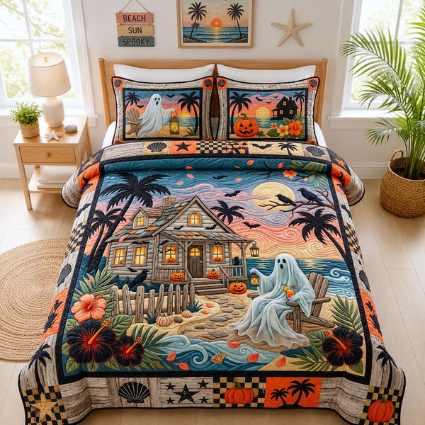 Tropical Haunt quilted 3-piece bedding set on a made bed in a light coastal bedroom