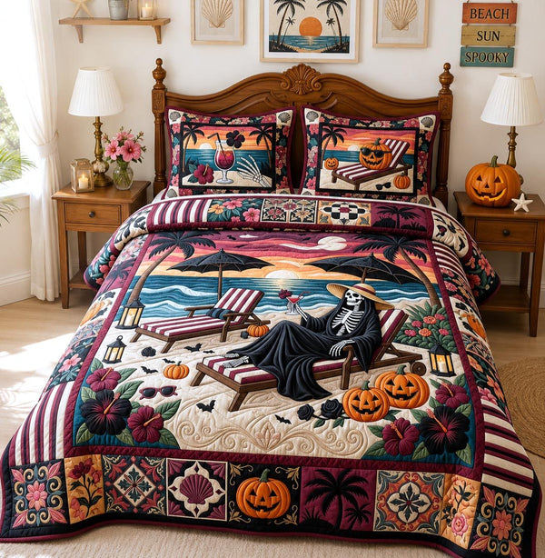 Tropical Haunt quilted 3-piece bedding set on a made bed in a light coastal bedroom