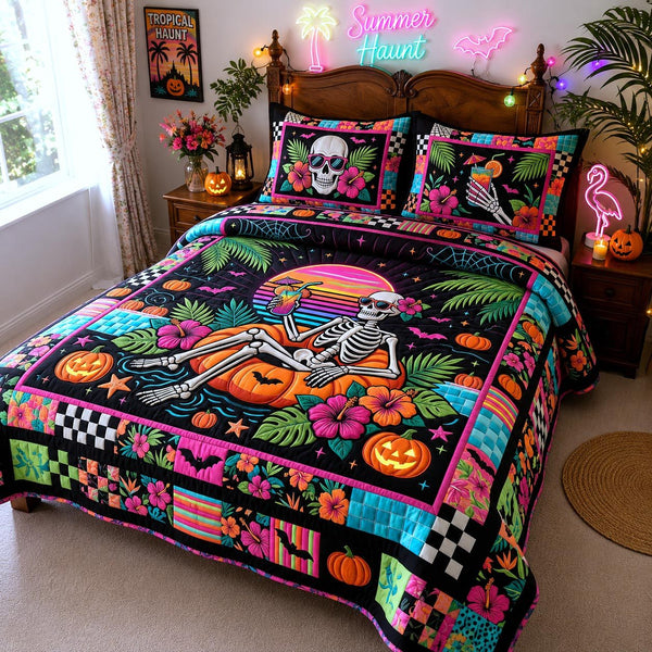 Tropical Haunt quilted 3-piece bedding set on a made bed in a light coastal bedroom