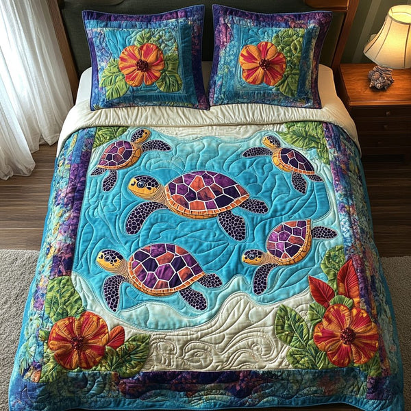 Tropical Haven quilted 3-piece bedding set on a made bed in a light coastal bedroom