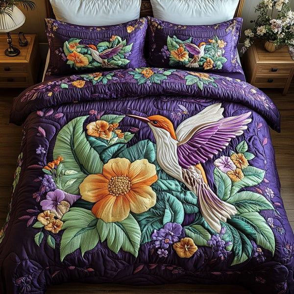 Tropical Haven quilted 3-piece bedding set on a made bed in a light coastal bedroom